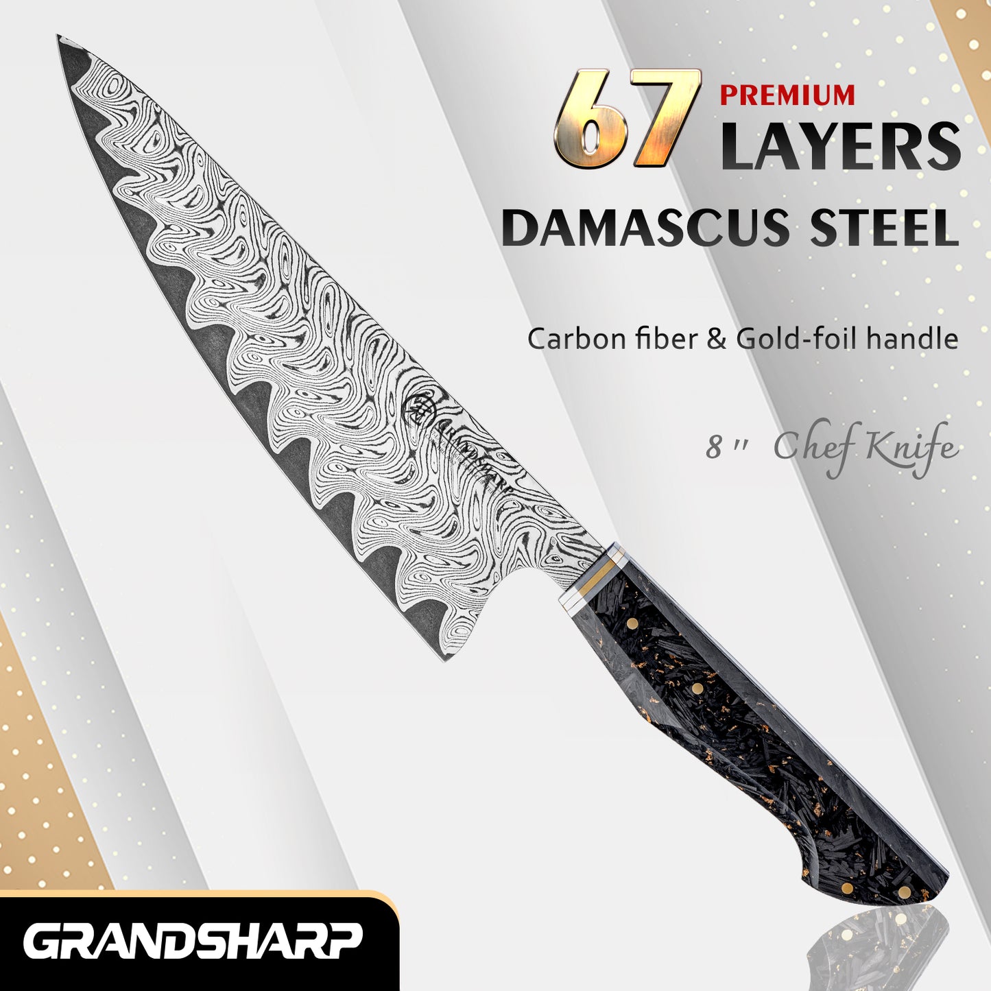Grandsharp Premium 8 Inch Chef Knife 67 Layers Damascus Steel Carbon Fiber Gold-foil Resin Handle