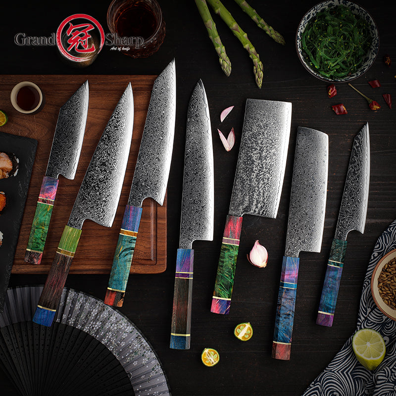 Grandsharp 10CR15MOV Damascus Steel Cleaver Meat Kiritsuke Nakiri Gyuto Chef Kitchen Knife Sets with Wood Handle