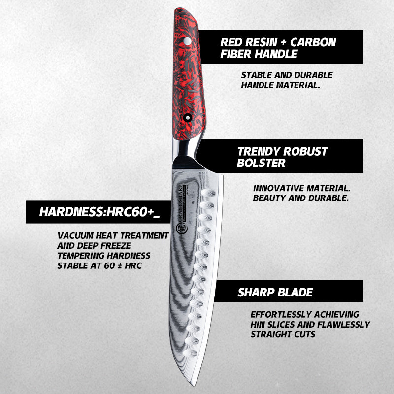 Grandsharp 7.5" Kitchen Santoku Knife Damascus Carbon Steel Kitchen Knife with Resin and Carbon Fiber Handle