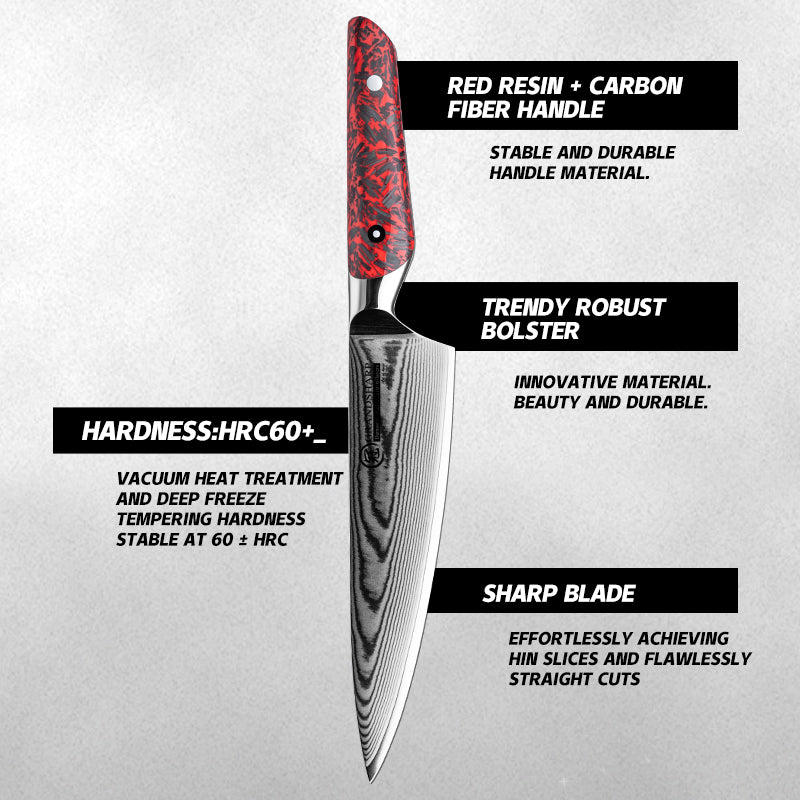Grandsharp 8 Inch 67 Layers Damascus Carbon AUS10 Steel Chef Knife Red Resin and Carbon Fiber Handle