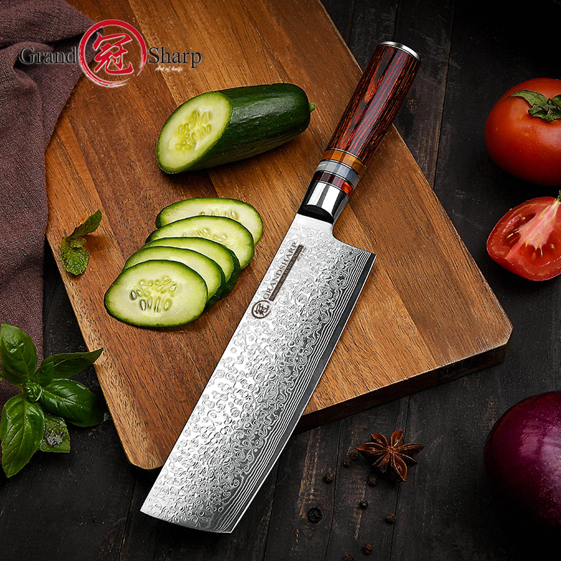 Grandsharp Professional 7" Inch 67 Layers Damascus Steel Kitchen Knife Chef Nakiri Knife With Pakka Wood Handle