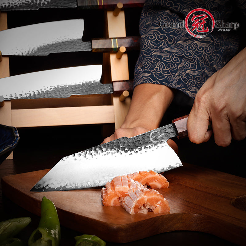 Grandsharp 7 Inch Handmade Forged 3 Layers AUS10 Steel Krirtsuke Knife Solidified Wood Handle
