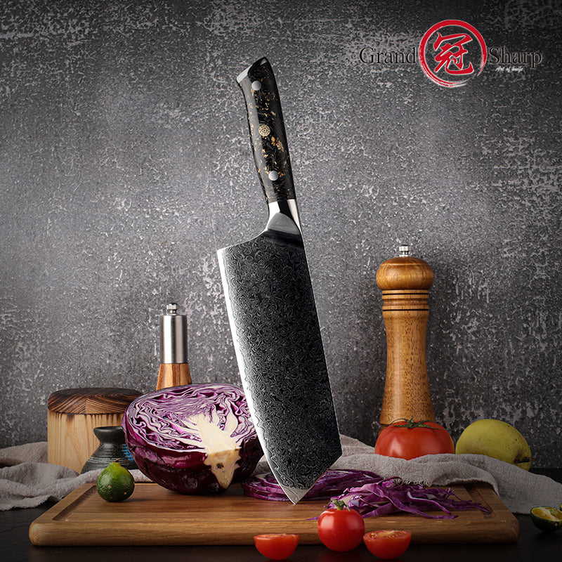 Grandsharp 7.5'' Damascus Premium Cleaver Knife 10cr15comov Carbon Steel Knives with Gold-foil Decoration Resin Handle