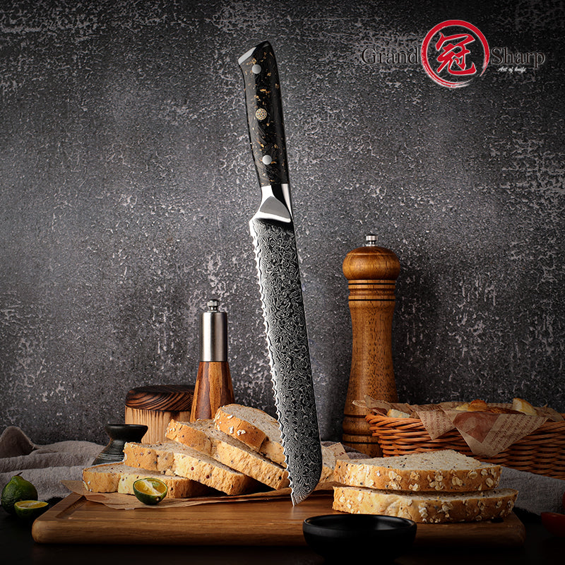 Grandsharp 8-inch Damascus Premium Bread Knife 67-layer Stainless Steel Serrated Cake Bread Knife with Black Handle