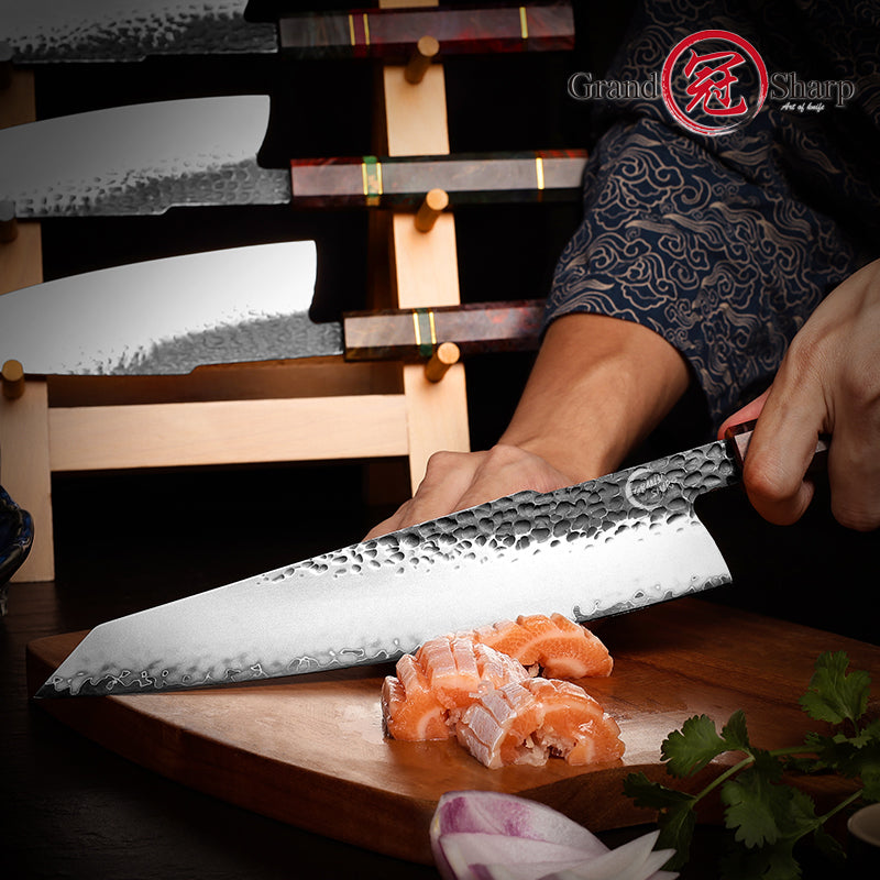 Grandsharp 9.5'' Handmade Forged Kitchen Knives 3 Layers AUS10 Steel Kiritsuke Knife Solidified Wood Handle