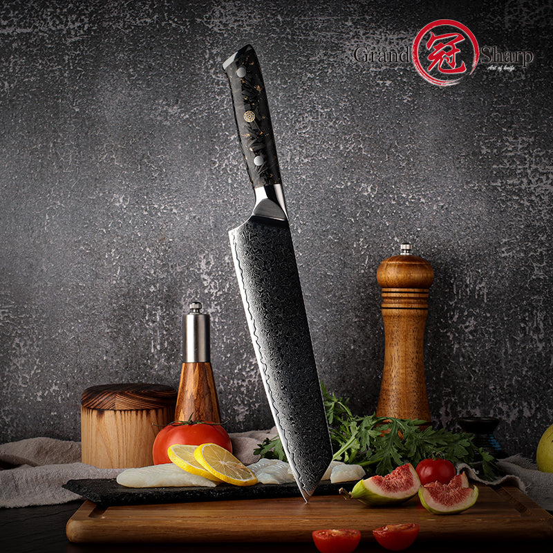 Grandsharp Damascus Premium Kiritsuke Knife High Carbon Steel with Black Carbon Fiber Resin & Gold-foil Handle