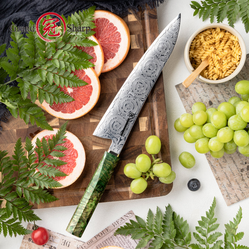 Grandsharp 8.5'' Damascus Kitchen Chef Knife with Solidified Wood and Copper Bolster Handle