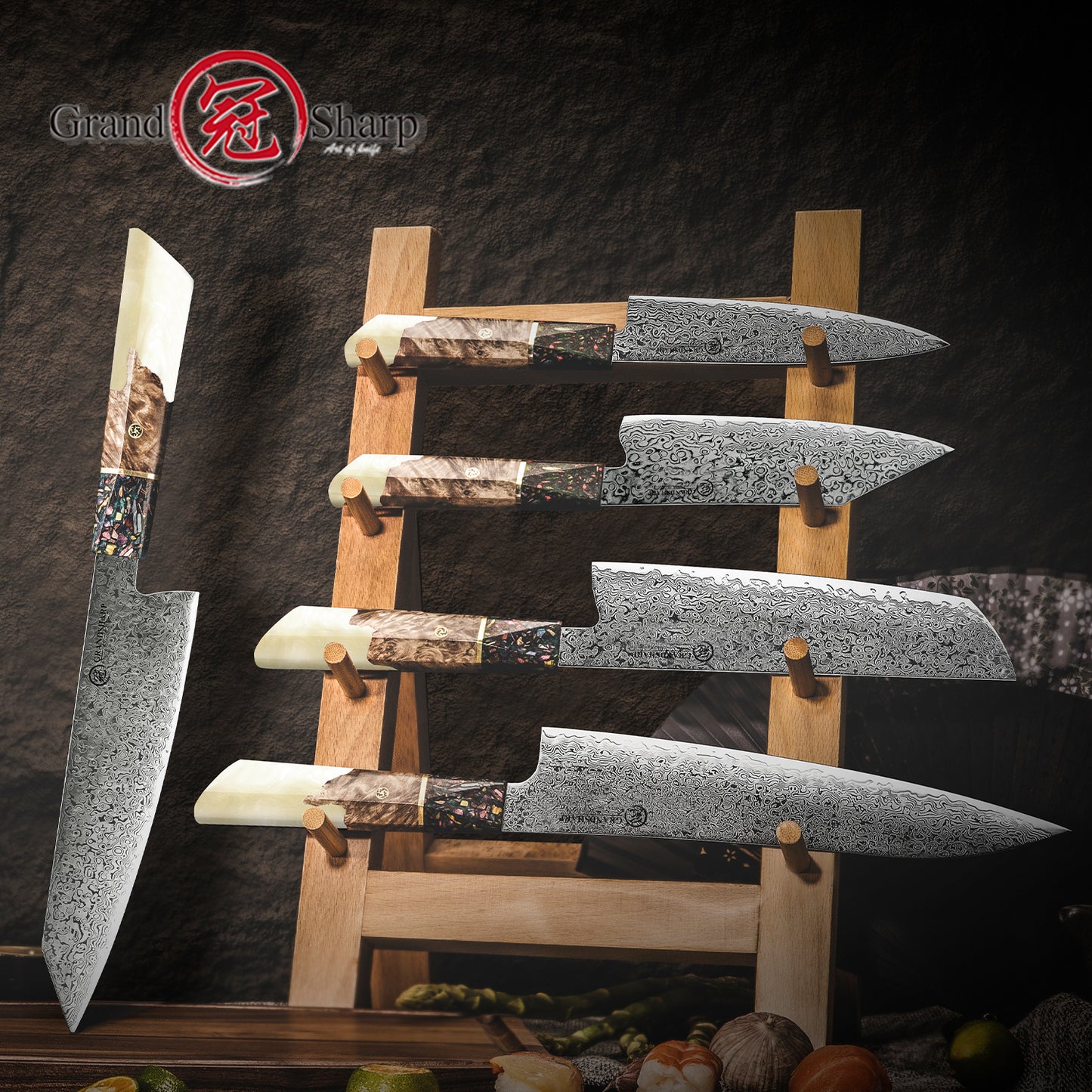 Grandsharp White Resin Handle Kiritsuke 67 Layers Real Damascus Chef Paring Utility Knife Multifunctional Kitchen Knives Set