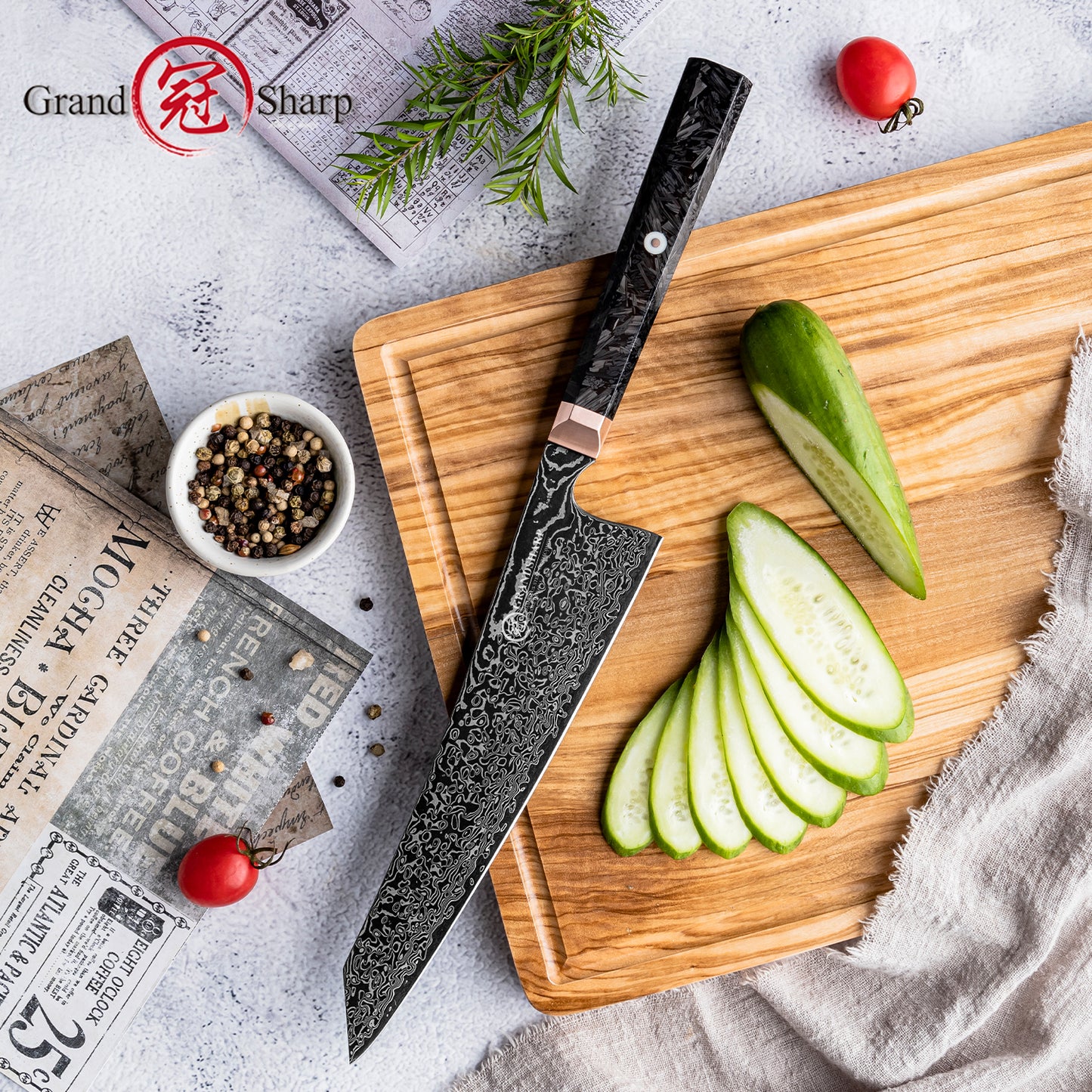 Grandsharp 8.5 Inch 67 Layers Damascus Steel Japanese Cooper Black Kitchen Kiritsuke Chef Knives Cutting Carbon Fiber Handle