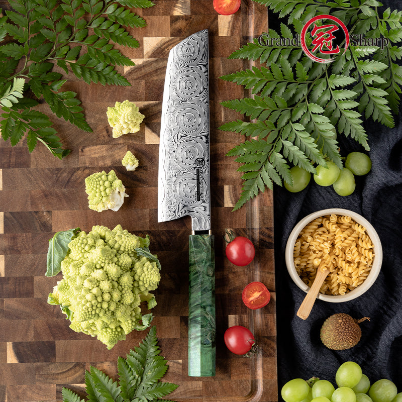 Grandsharp 7 Inch Damascus Kitchen Knife Nakiri Knife with Solidified Wood and Copper Bolster Handle