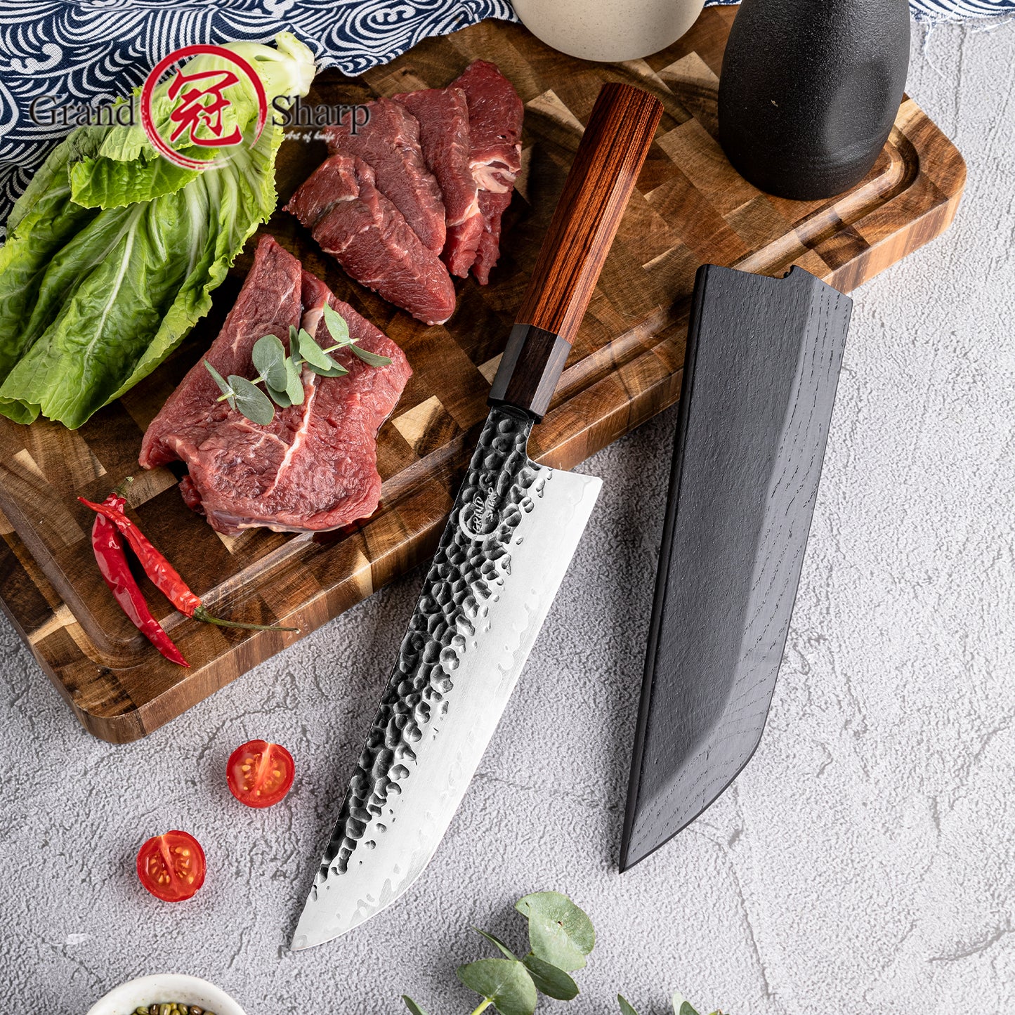 Grandsharp 8 Inch Kitchen Sakimaru Knife Handmade AUS10 Steel Sakimaru Knives Meat Cutting with Mkuruti Wood Handle