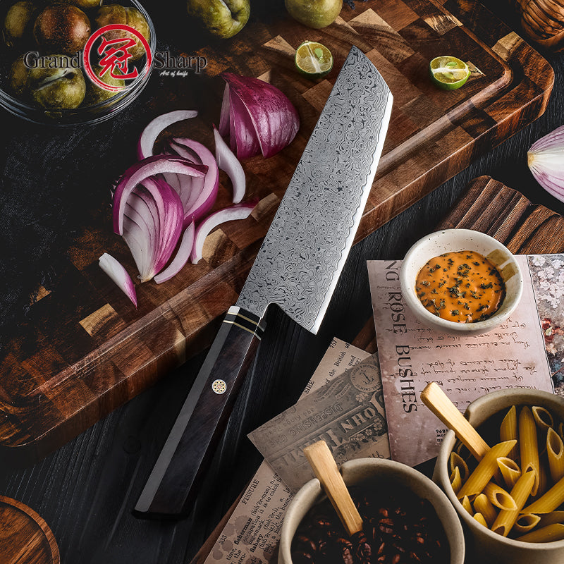 Grandsharp Kitchen Chef Knife 67-Layers Damascus Carbon Stainless Steel Nakiri Knife with Wood Ebony Handle