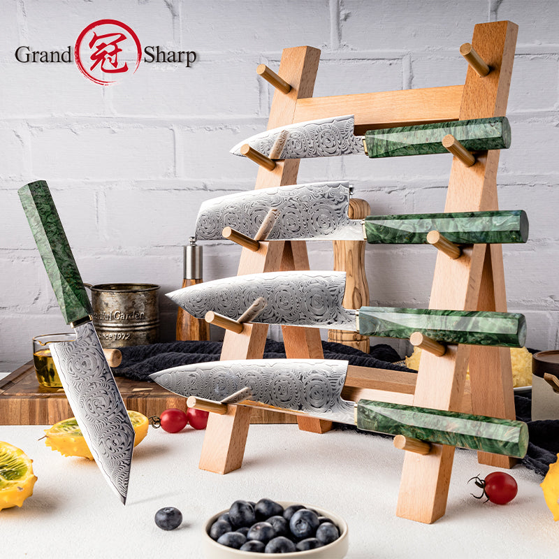Grandsharp 67 Layers Damascus Kitchen Chef Knife Set with Green Solidified Wood Handle