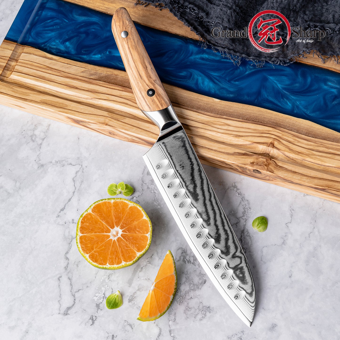 Grand Sharp Kitchen Santoku Knife Premium 67 Layers Damascus Steel Kitchen Cutting Knife with Olive Wood Handle