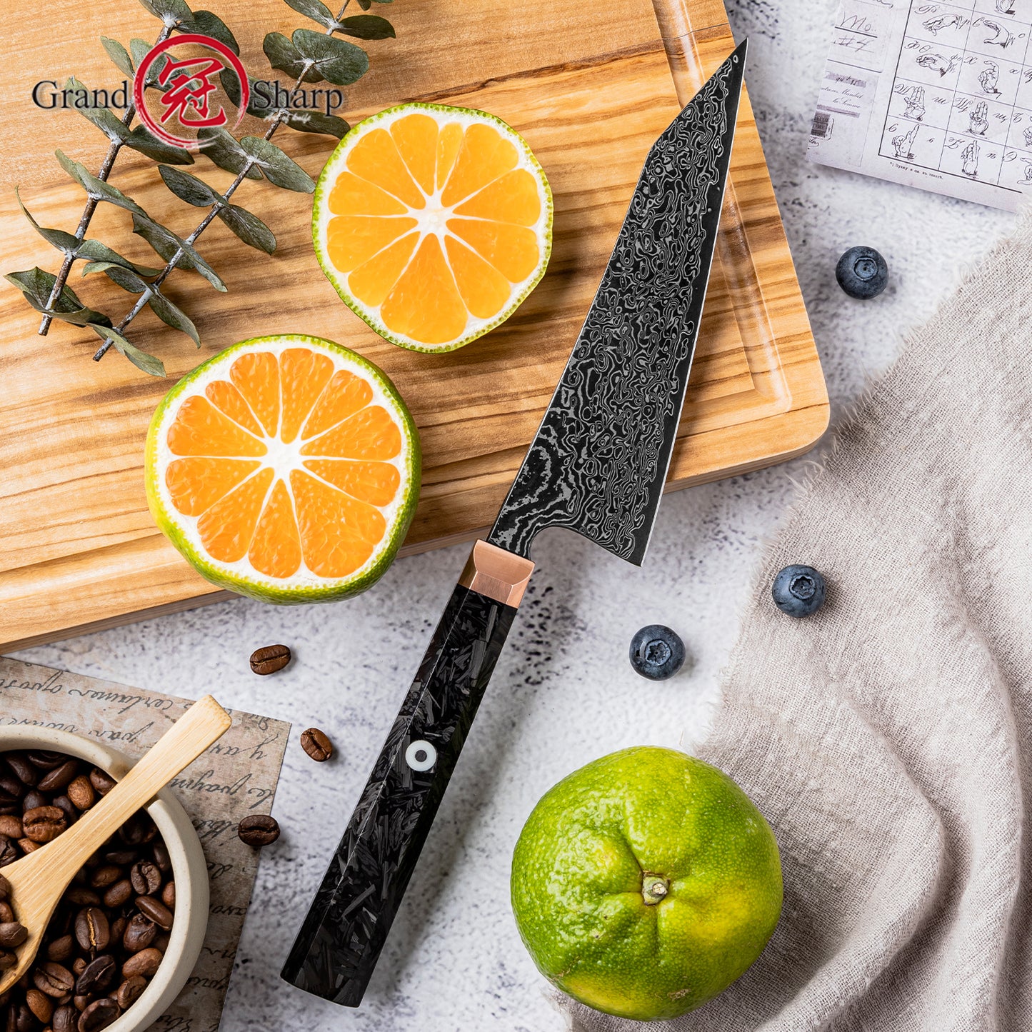 Grandsharp Black Damascus Utility Garasuki Knife