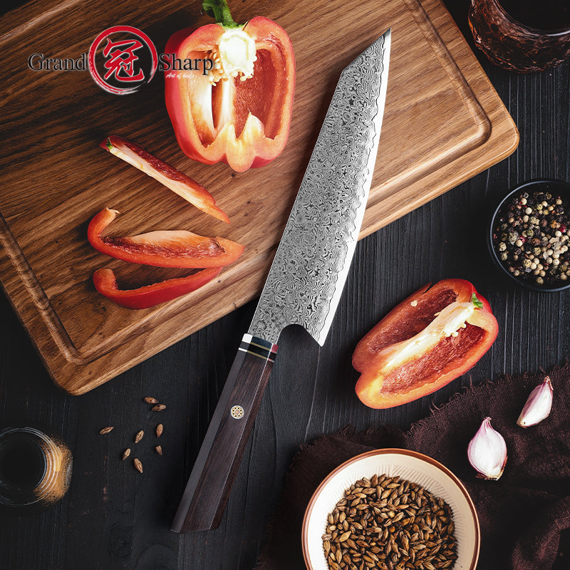 Grandsharp 8 Inch 67 Layers Damascus Steel Kitchen Chef Kiritsuke Knife Kitchen Cutting Cooking With Ebony Wood Handle
