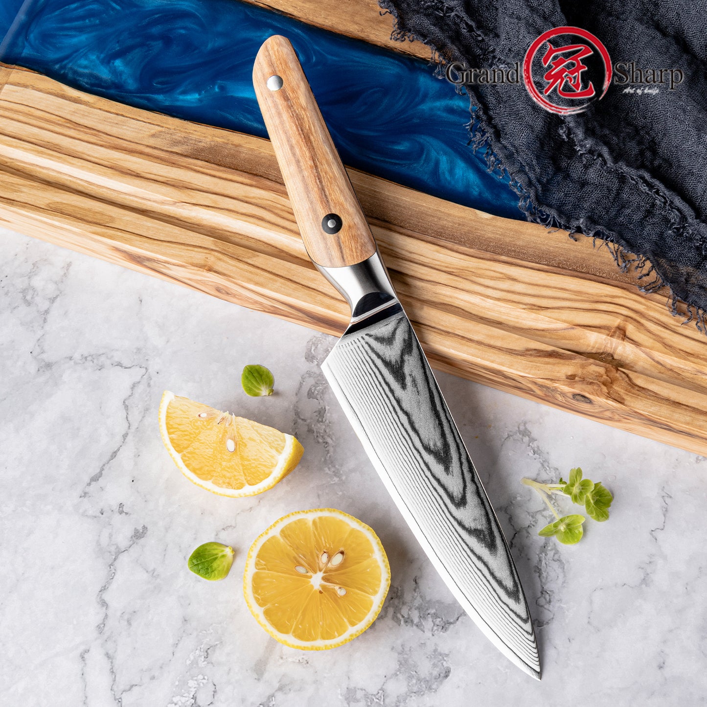 Grandsharp 5.5 Inch Japanese Damascus Steel Utility Knife 67 Layers Damascus Kitchen Utility Chef Knives with Olive Wood Handle