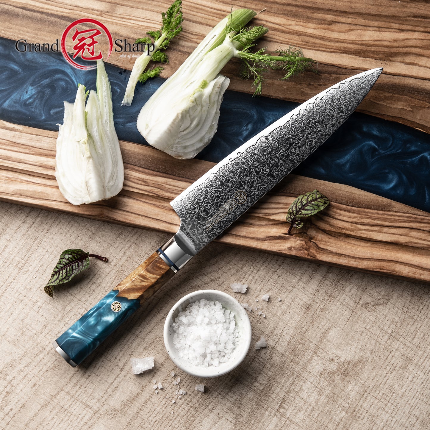Grandsharp 8" 10cr15mov 67 Layers Damascus Kitchen Knife Chef Knife With Octagonal Resin and Solidified Wood Handle