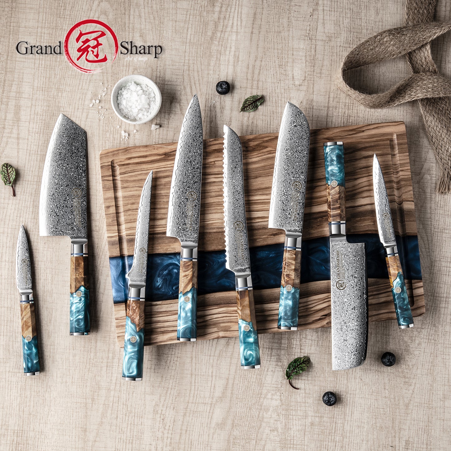 Grandsharp Damascus 10Cr15CoMoV Kitchen Chef Bread Paring Fruit Cleaver Knife Set