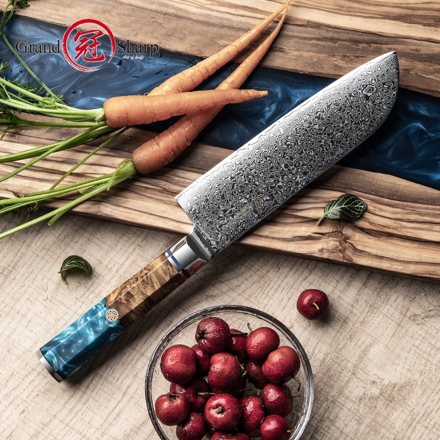Grandsharp 7 Inch 10CR15MOV Damascus Steel Kitchen Chef Santoku Knife Cutting with Blue Resin & Solidified Wood Handle