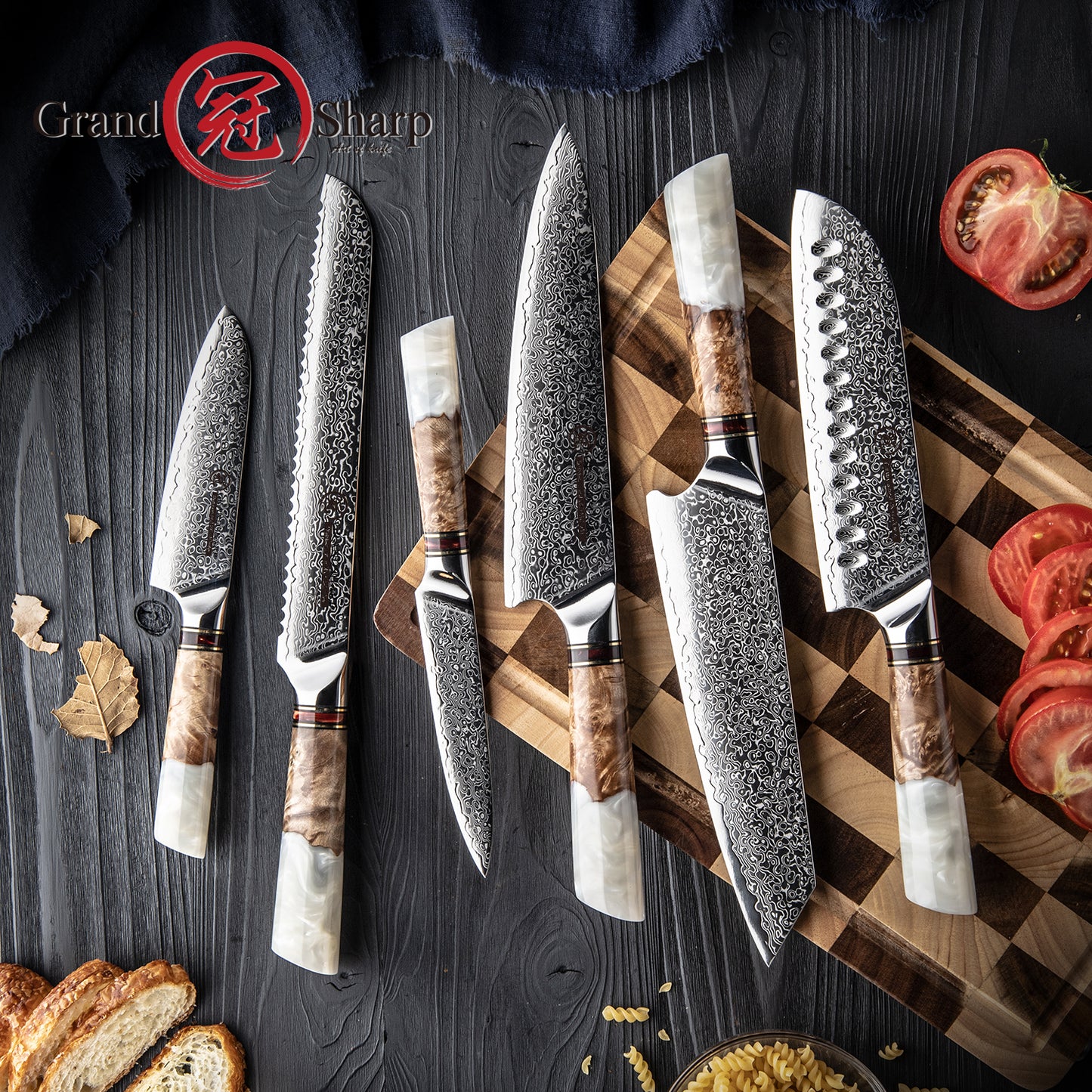 Grandsharp 6 Pcs Damascus Steel Chef Knife Sets with White Resin & Solidified Wood Handle