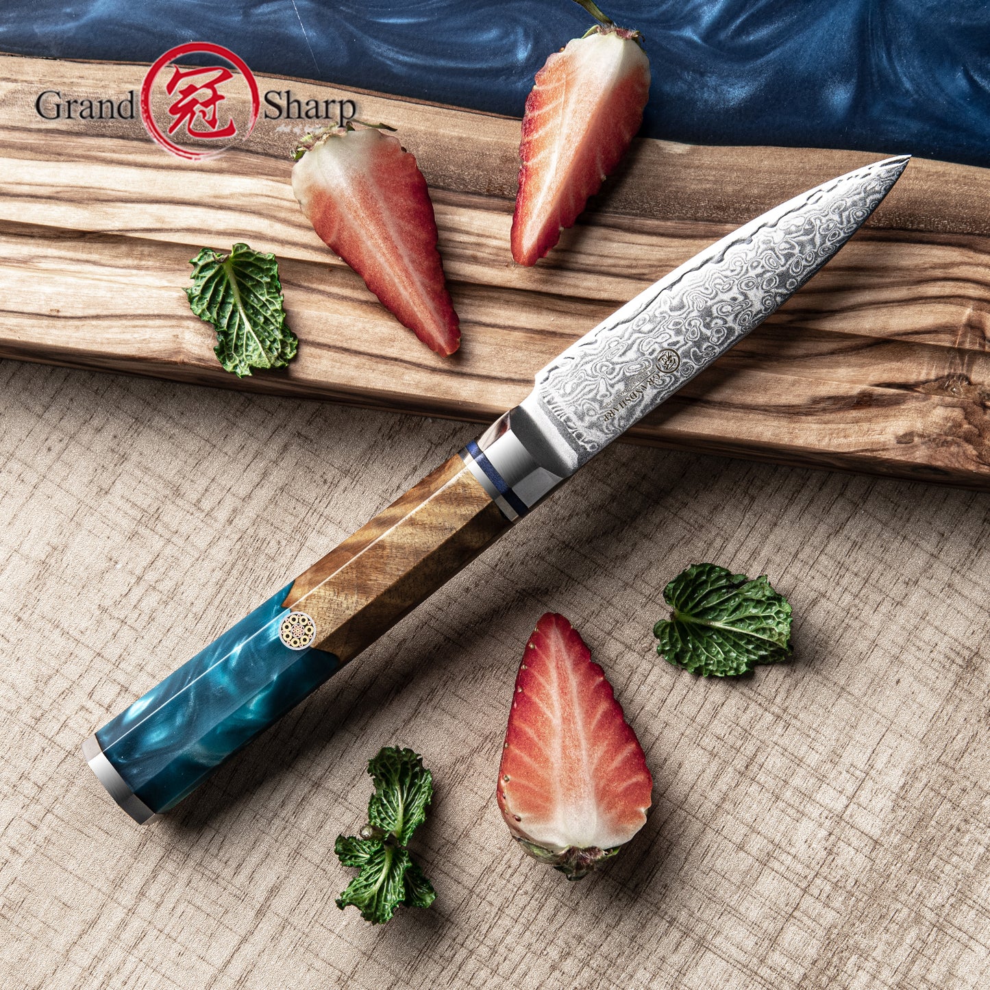 3.5" Damascus 10CR15MOV Carbon Steel Blade With Octagonal Resin+Wood Handle Vegetables Meat Cutter Chef Kitchen Knife