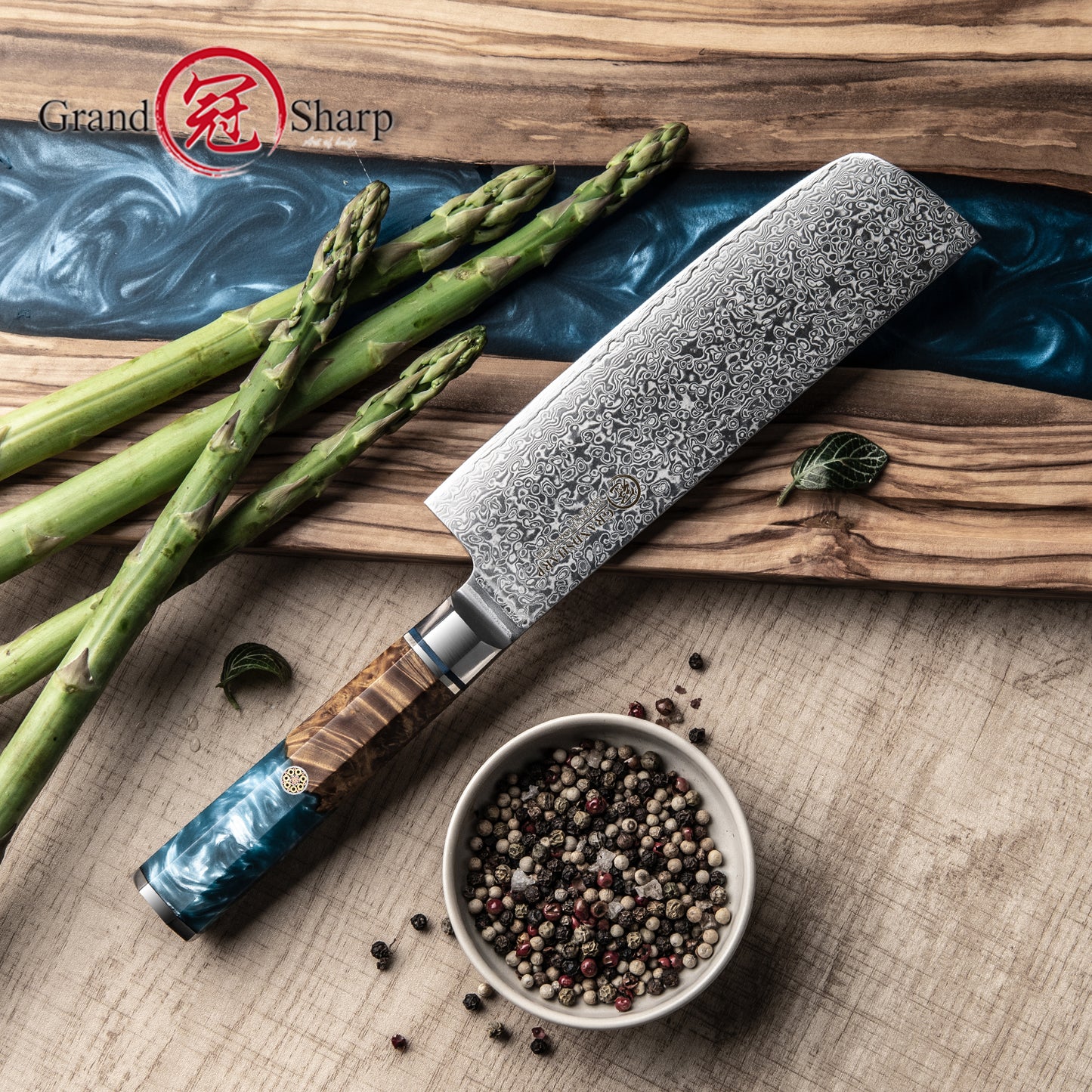 7'' Nakiri Knives High Carbon Blue Resin Handle Vegetable Cutter Chef Kitchen 10CR15MOV Damascus Steel Nakiri Knife