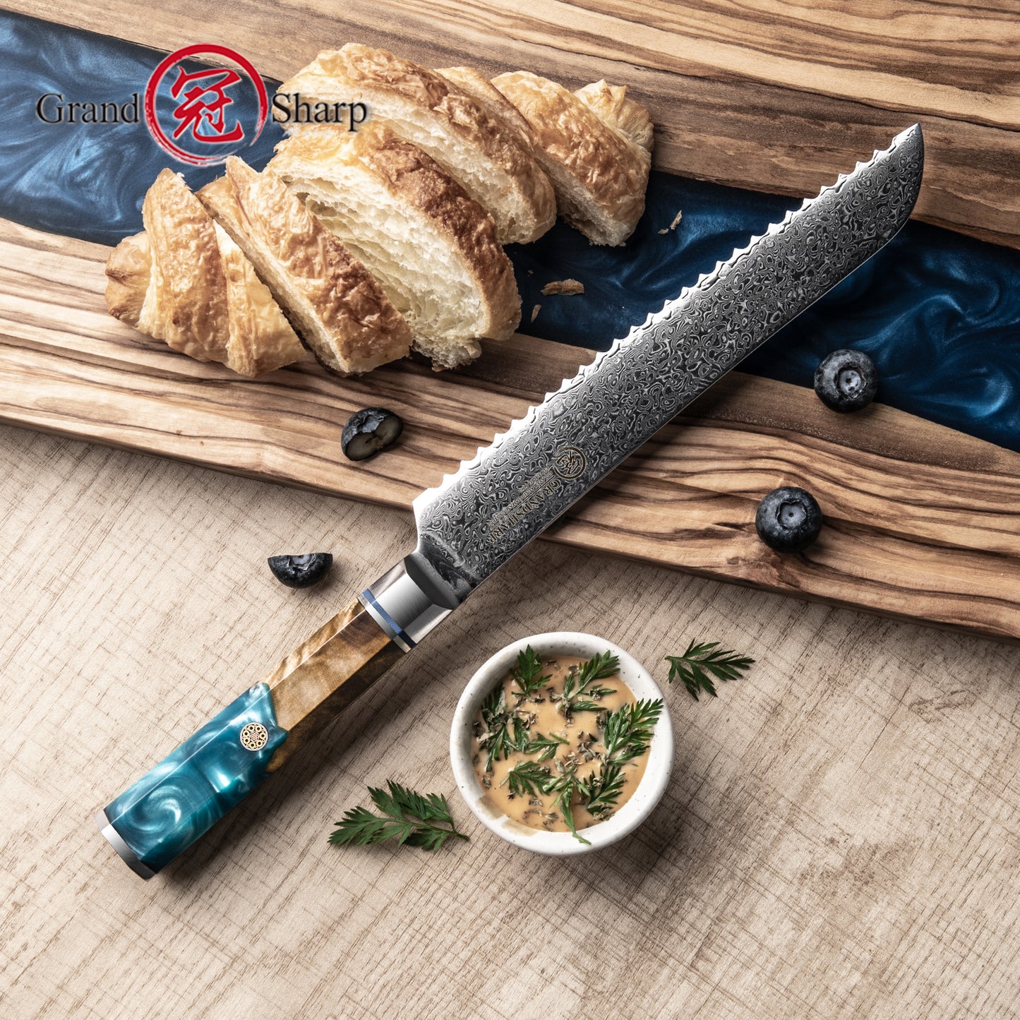 Grandsharp 7.5" Inches Bread Knife Damascus Steel Kitchen Chef Serrated Bread Cutting Knife With Solidfied Wood and Resin Handle
