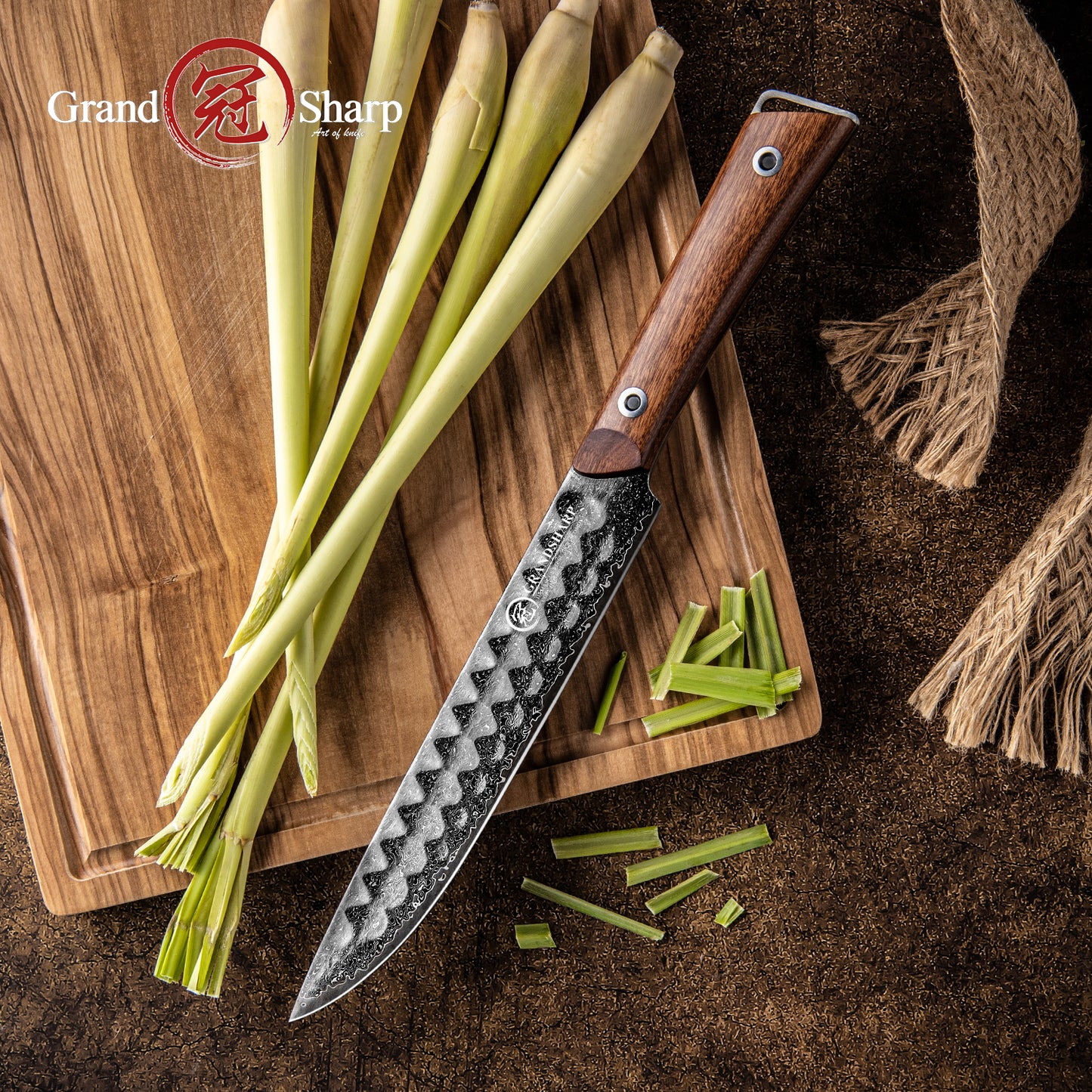 Grandsharp Kitchen 8 Inch Slicing Damascus Knife with Africa Rose Wood Handle