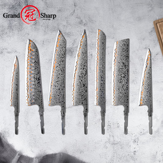 Grandsharp DIY Blank Knife Blade 55 Layers Copper Damascus Steel Kitchen Chef Knife Blade Set No Handle Knives Blank Blade