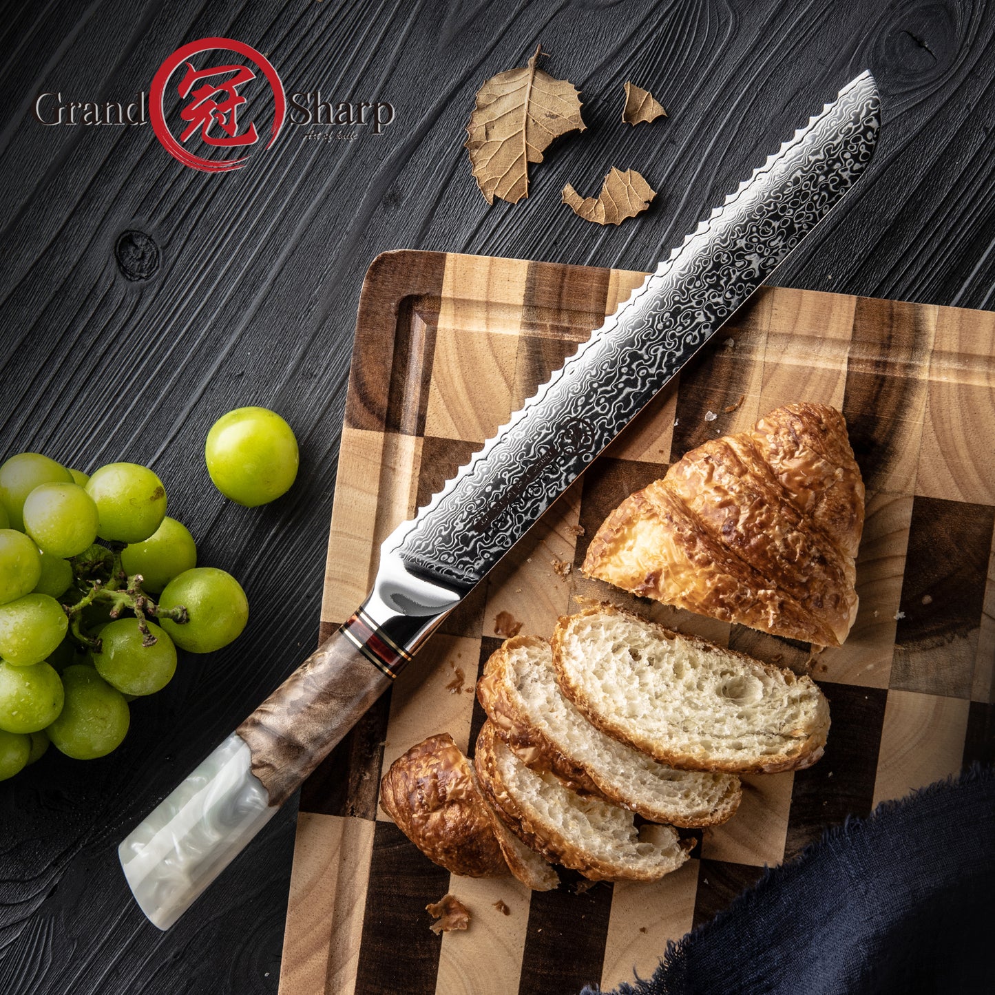 Grandsharp Damascus Steel 8.5 Inch Kitchen Bread Knife White Resin & Solidified Wood Handle