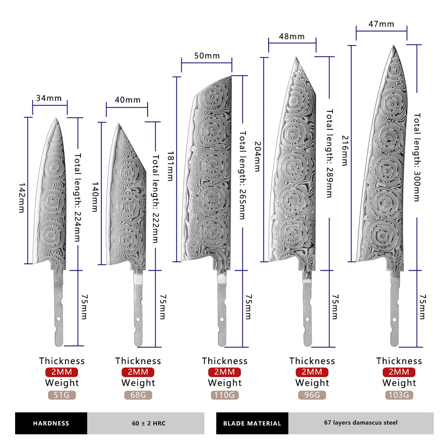 Grandsharp 67 Layers Damascus Steel DIY Hidden Tang Blade with Rose Pattern