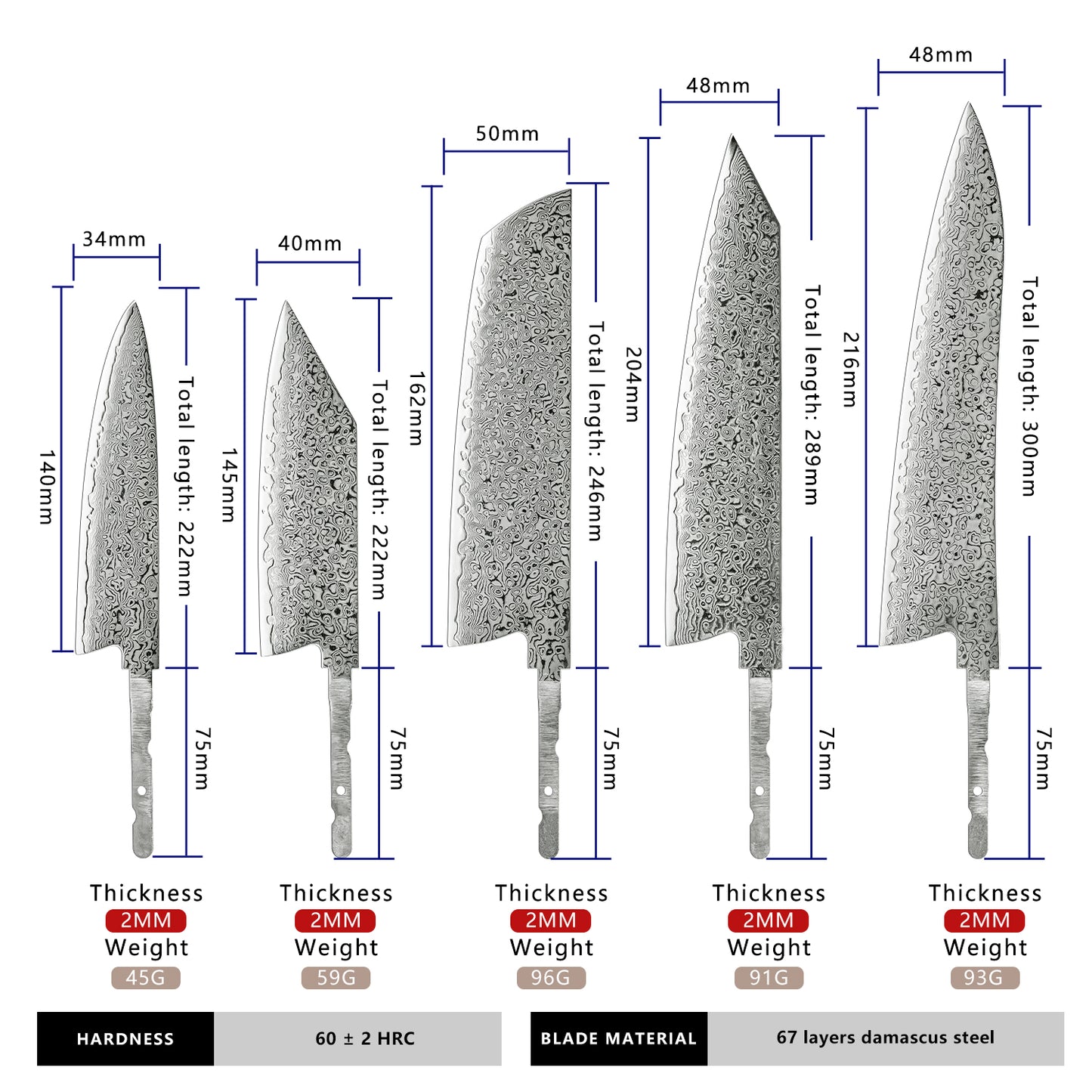 Grandsharp DIY Knife Blade Japanese 67 Layers 10CR15MOV Damascus Steel Knife Blank Blade Set Kitchen Chef Knife Blank Blades