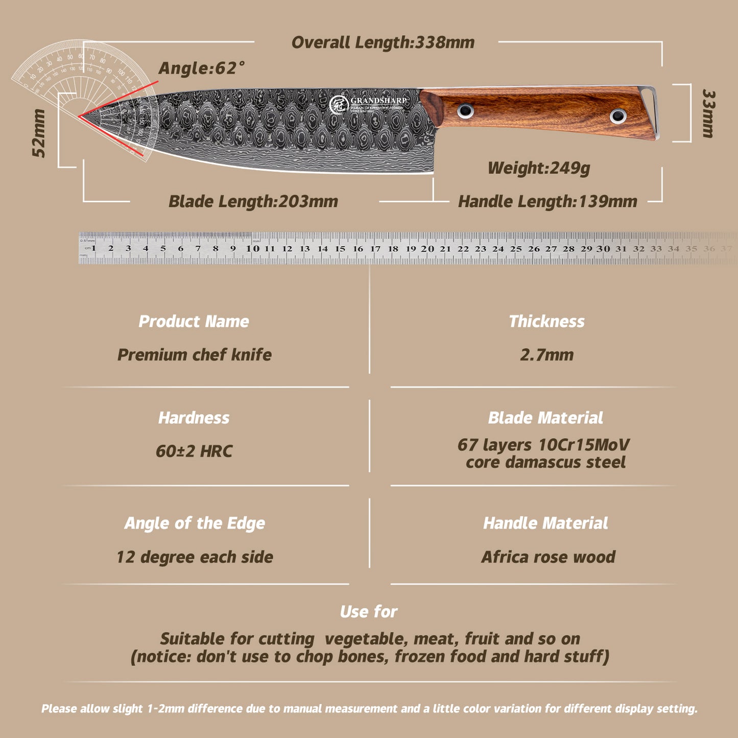 Grandsharp 8 Inch Premium Chef Knife 67 Layers 10Cr15MoV Core Damascus Steel Africa Rose Wood Handle with Gift Box Santoku