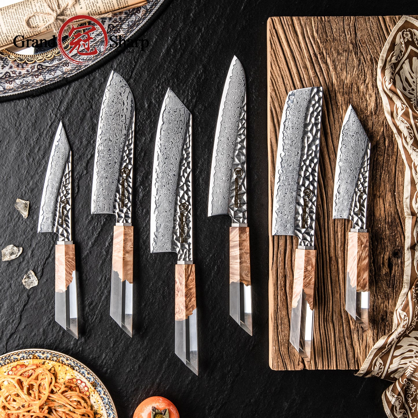 GRANDSHARP Kitchen Knife Set 1-6 Pcs 67 Layers Damascus Steel AUS10 Core Blade Transparent Resin&Wood Handle for Cooking Slicing