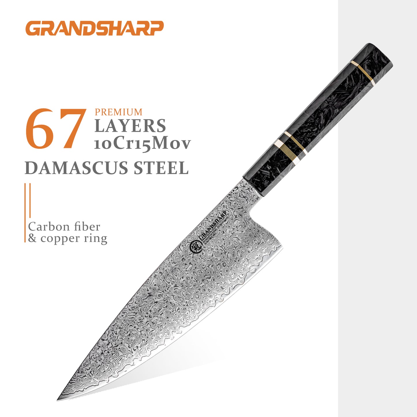 Grandsharp 6 Pcs Japanese Chef Kitchen Knives Set 67 Layers 10Cr15Mov Damascus Steel Chef Knife Sets Black Carbon Fiber Handle