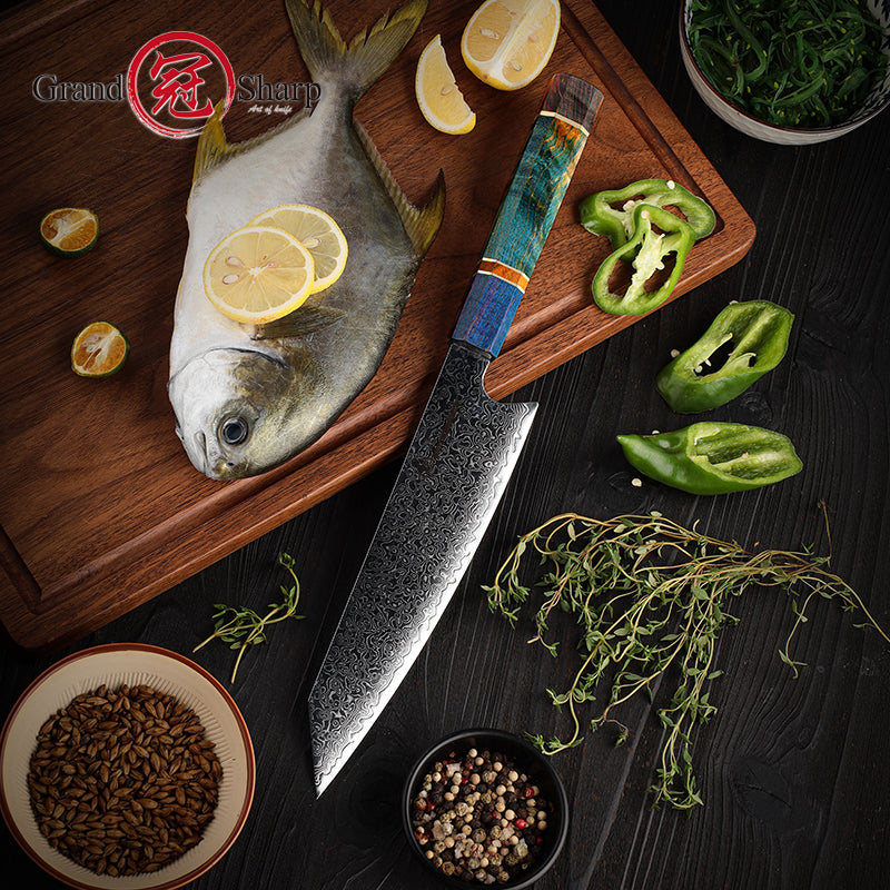 Grandsharp Professional Damascus Steel Kitchen Chef Kiritsuke Knife Home Tools Cooking with Solidified Wood Handle