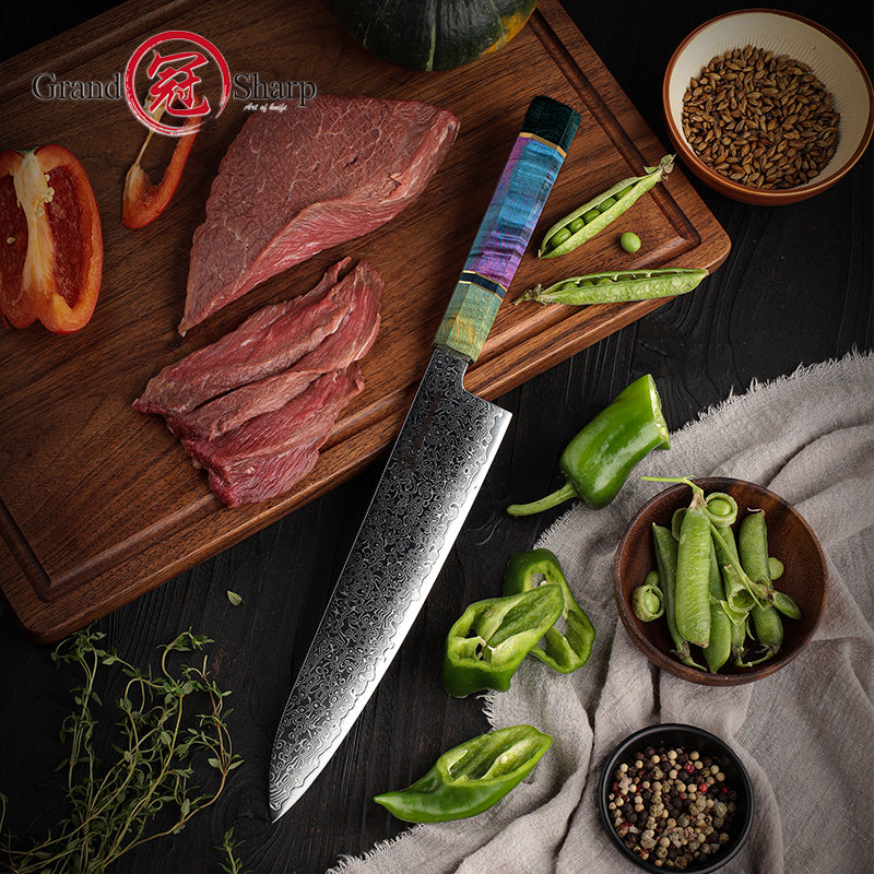 Grandsharp 9'' Chef Knife 67 Layer Damascus Carbon Steel Kitchen Chef Gyuto Knives Cutting Stable Solidfied Wood Handle