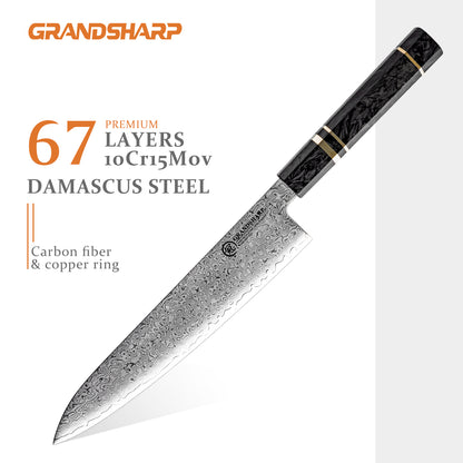 Grandsharp 6 Pcs Japanese Chef Kitchen Knives Set 67 Layers 10Cr15Mov Damascus Steel Chef Knife Sets Black Carbon Fiber Handle
