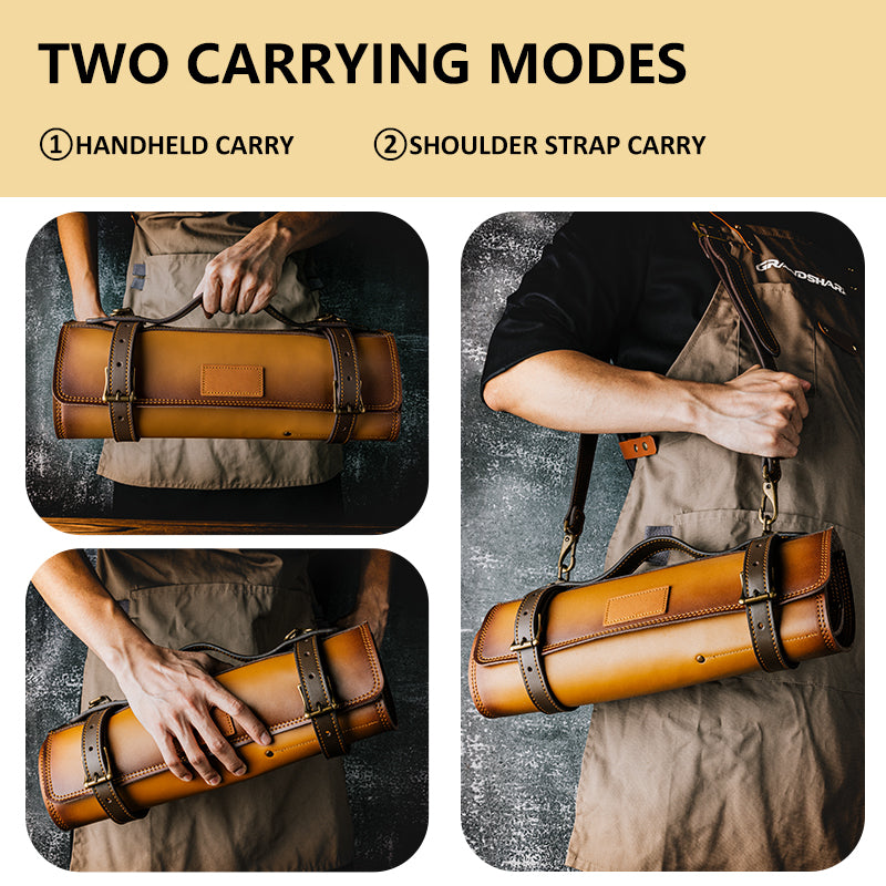 Grandsharp New Leather Foldable Storage Pouch Kitchen Knives Bags Chef Knife Roll Bag with Exquisite Craftsmanship