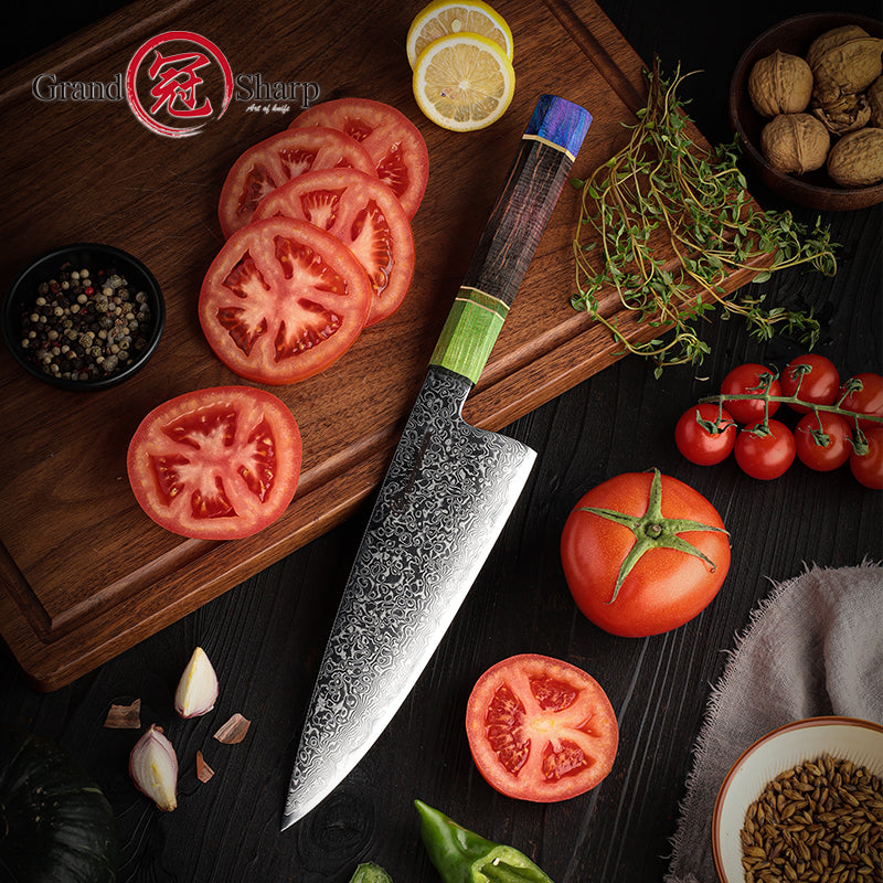 Grandsharp Professional 67 Layers Damascus Carbon Steel Kitchen Chef Knife With Octagonal Solidfied Wooden Handle