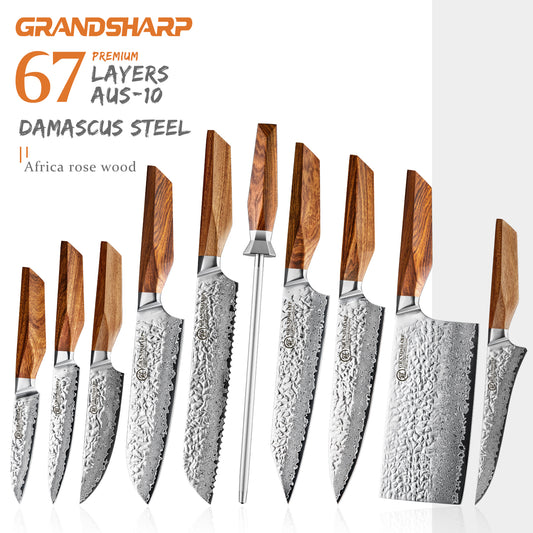 Grandsharp Premium 1-5pcs Damascus Kitchen Knife Set 67 Layers AUS-10 Cutting Core Africa Rose Wood Handle Meat Food Cutter