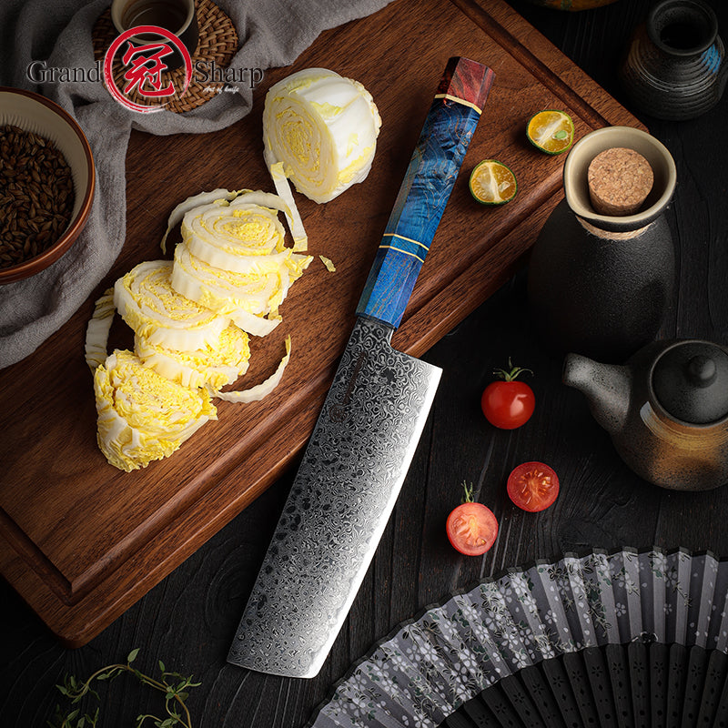 Professional 67 Layers Damascus Steel Kitchen Chef Nakiri Knife With Octagonal Solidfied Wooden Handle