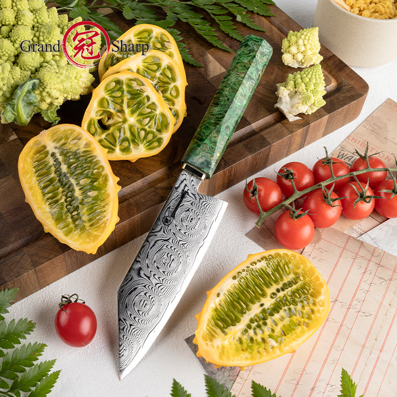 Grandsharp 5.5'' Damascus Kiritsuke Bunka Knife with Solidified Wood & Copper Bolster Handle