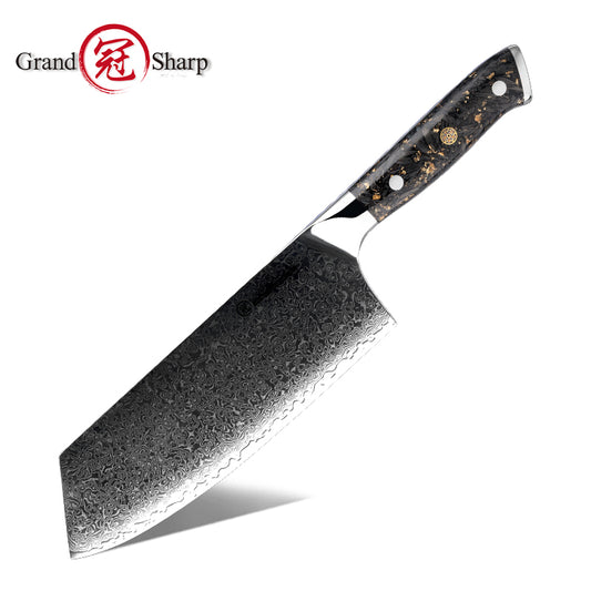 Grandsharp 7.5'' Damascus Premium Cleaver Knife 10cr15comov Carbon Steel Knives with Gold-foil Decoration Resin Handle