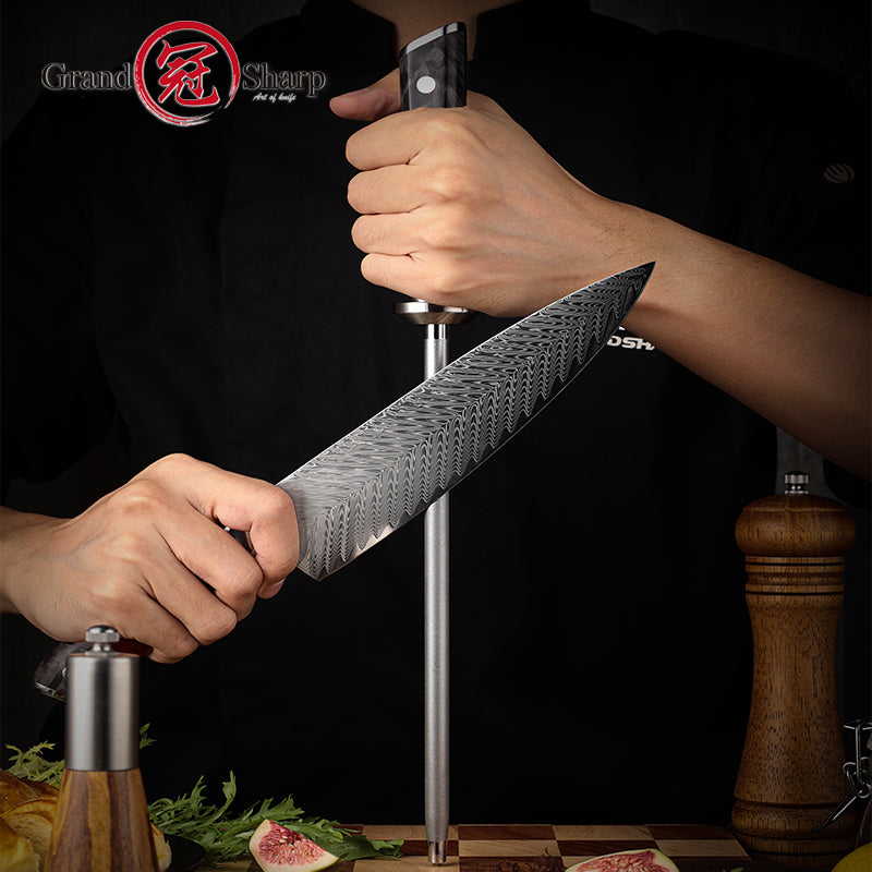 High Quality 10 Inch Kitchen Knife Blade Sharpener Diamond Sharpening Rod Tool with Solidified Wood & Red Resin Handle