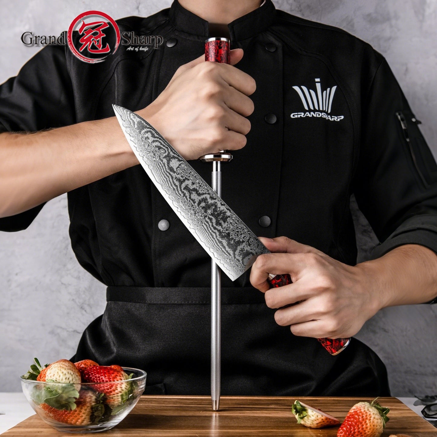 Grandsharp Knife Sharpening Rod 10 Inch Diamond Stainless Steel Sharpener Kitchen Knife Sharpener Red Resin Carbon Fiber Handle