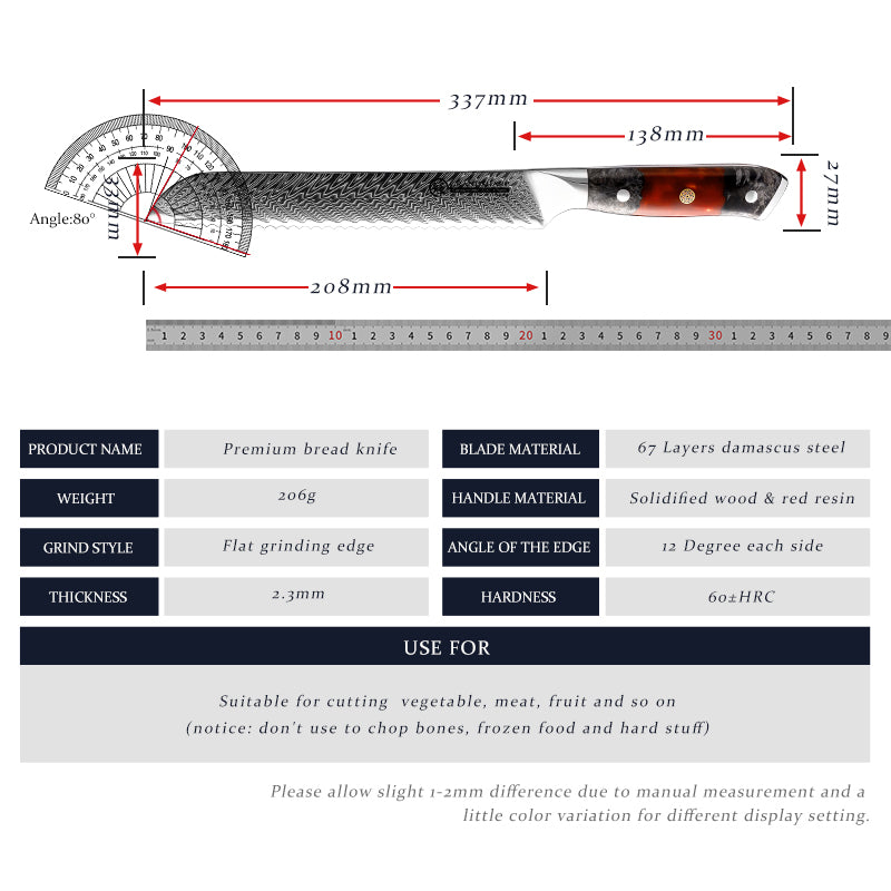 Luxury 8.2 Inch Professional Damascus Steel Serrated Kitchen Bread Knife AUS10 Bread Cutting Slicer with Wood Handle
