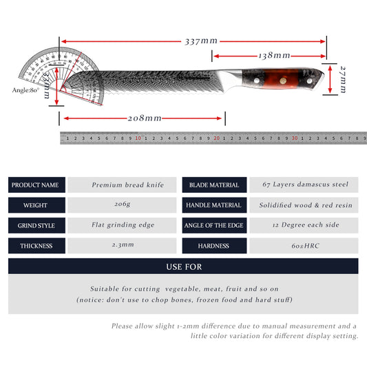 Luxury 8.2 Inch Professional Damascus Steel Serrated Kitchen Bread Knife AUS10 Bread Cutting Slicer with Wood Handle