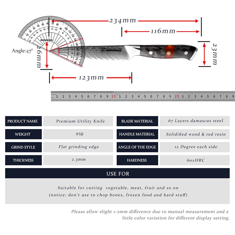 Grandsharp 5 Inch 67 Layers Damascus Steel Fruit Vegetable Chef Utility Knife With Resin and Solidfied Wood Handle